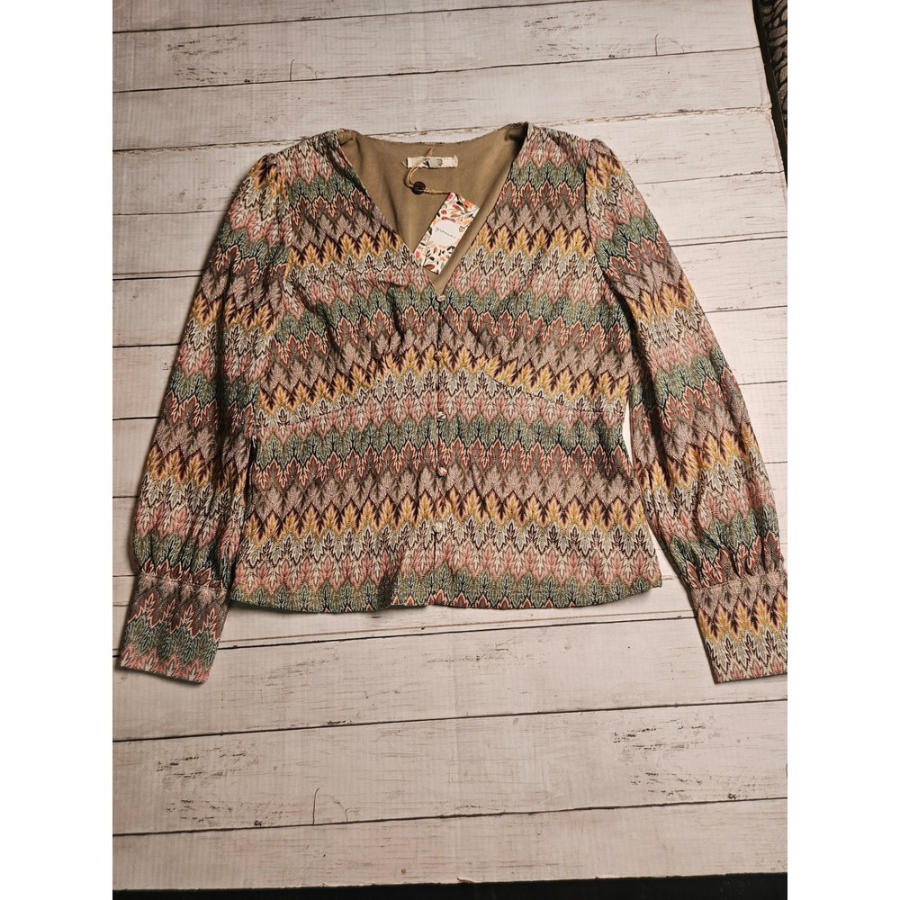 Gimmicks Women‎ Large Multi Color Chevron Metallic Button Front Blouse NEW